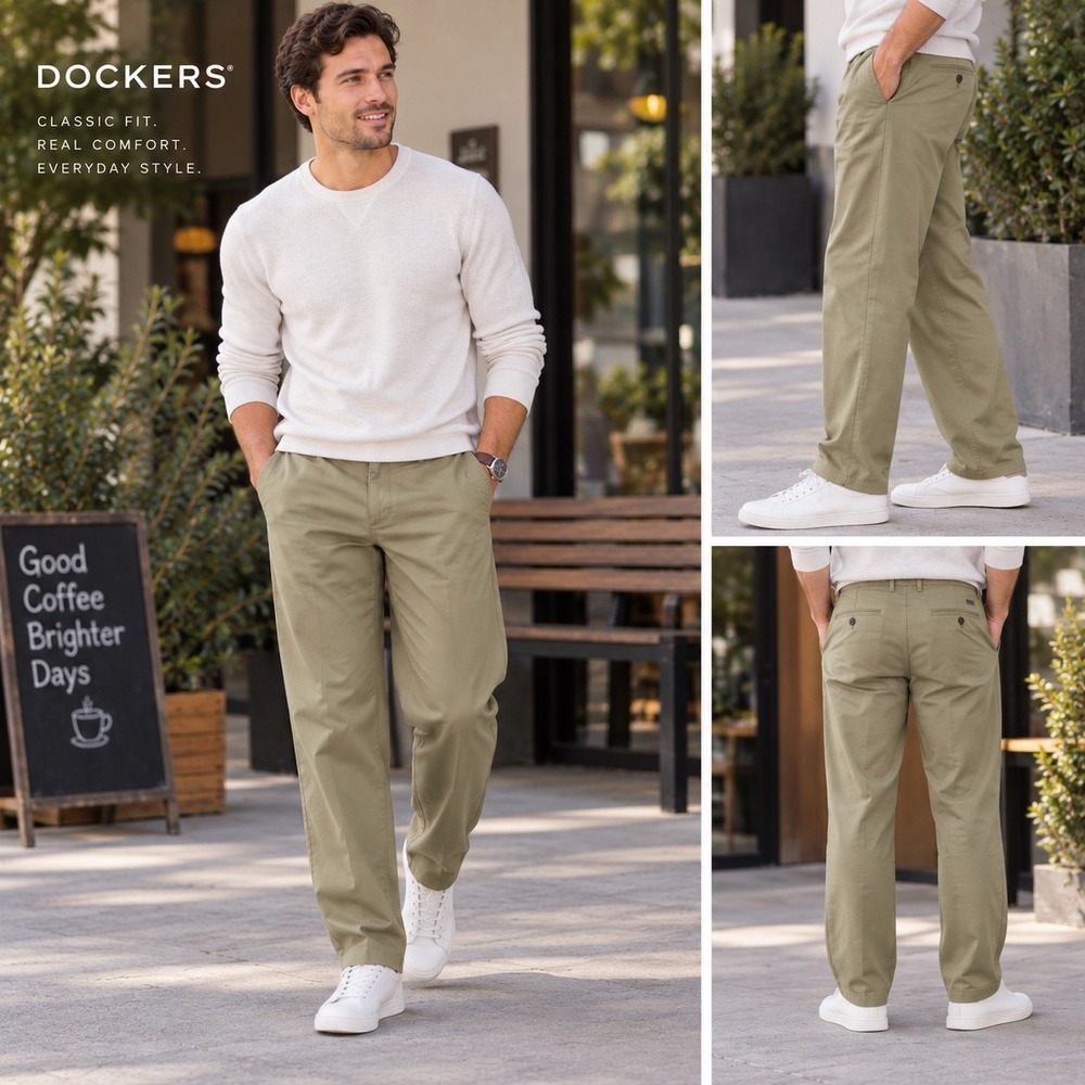Dockers Mens 32x30 Classic Fit Olive Green Khaki Chino Pants 100% Cotton